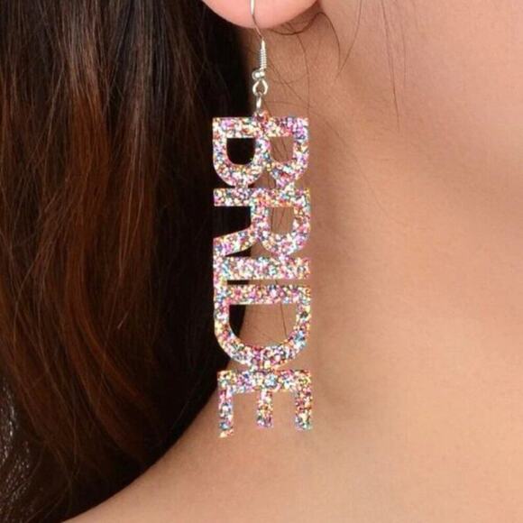PINK MULTICOLOR GLITTER BRIDAL SHOWER BACHELORETTE BRIDE STATEMENT EARRINGS NEW - Picture 6 of 6